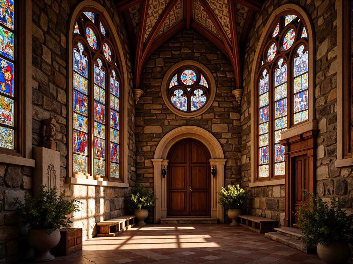 Prompt: Vibrant stained glass windows, richly colored mosaics, intricate stone carvings, ornate archways, grandiose vaulted ceilings, sturdy stone walls, rustic wooden doors, medieval-inspired architectural details, warm golden lighting, soft diffused shadows, high-contrast textures, realistic ambient occlusion, 1/2 composition, close-up shot, detailed focal point.