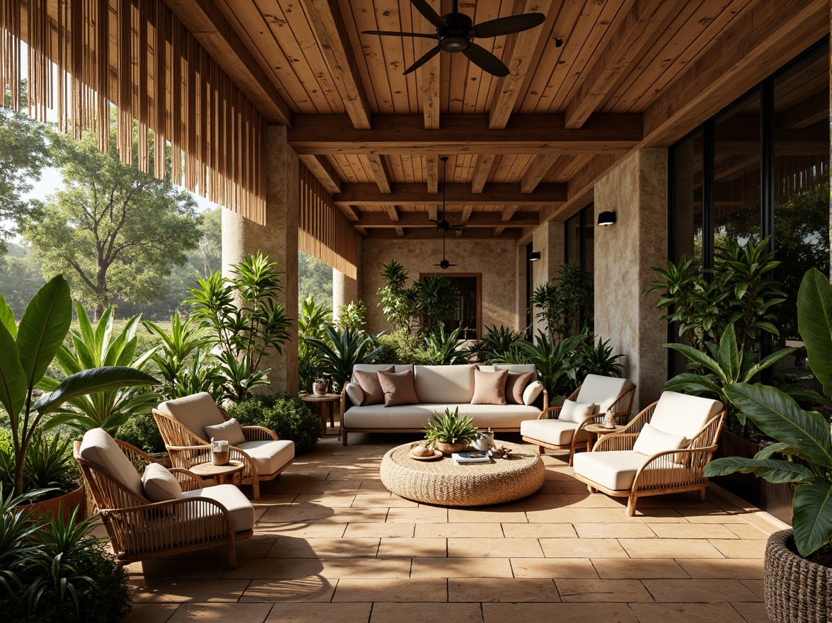 Prompt: Earthy tones, reclaimed wood accents, natural stone walls, bamboo flooring, woven rattan furniture, organic shapes, curved lines, earthy color palette, lush greenery, living walls, botanical elements, tropical plants, warm ambient lighting, soft shadows, 3/4 composition, shallow depth of field, realistic textures, ambient occlusion.