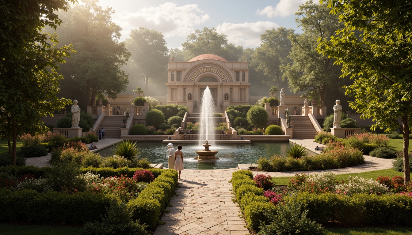 Prompt: Luxuriant gardens, ornate fountains, grandiose statues, intricate stone carvings, dramatic lighting effects, lavish water features, majestic staircases, ornamental ironwork, symmetrical layout, vibrant floral arrangements, rustic stone pathways, serene lakeside scenery, misty morning atmosphere, warm golden sunlight, soft focus blur, 1/2 composition, cinematic perspective, highly detailed textures.