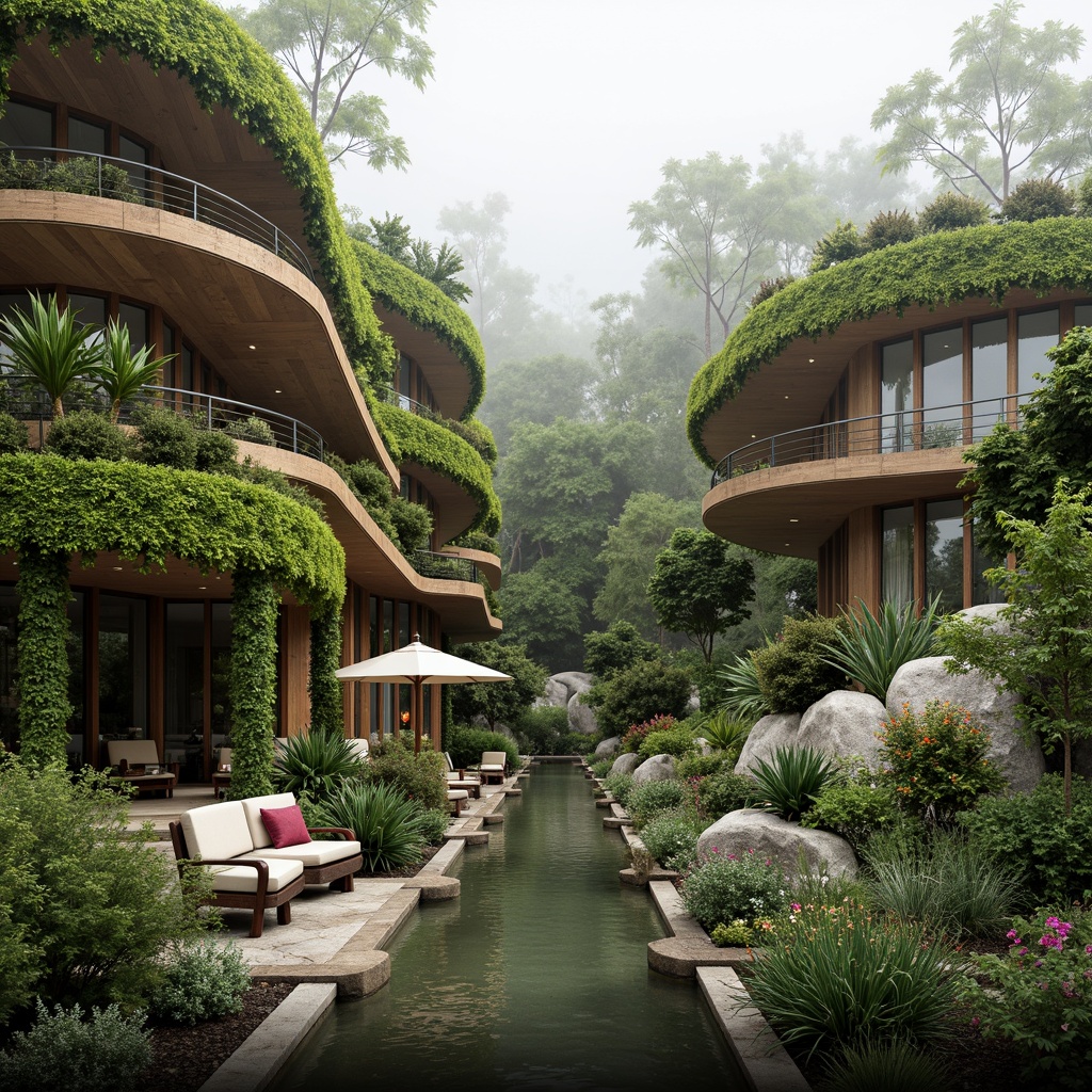 Prompt: Organic forms, flowing curves, botanical patterns, lush green walls, living roofs, natural stone facades, wooden accents, earthy tones, moss-covered surfaces, vine-wrapped columns, leaf-inspired ornaments, blooming gardens, serene water features, misty atmosphere, soft diffused lighting, shallow depth of field, 3/4 composition, panoramic view, realistic textures, ambient occlusion.