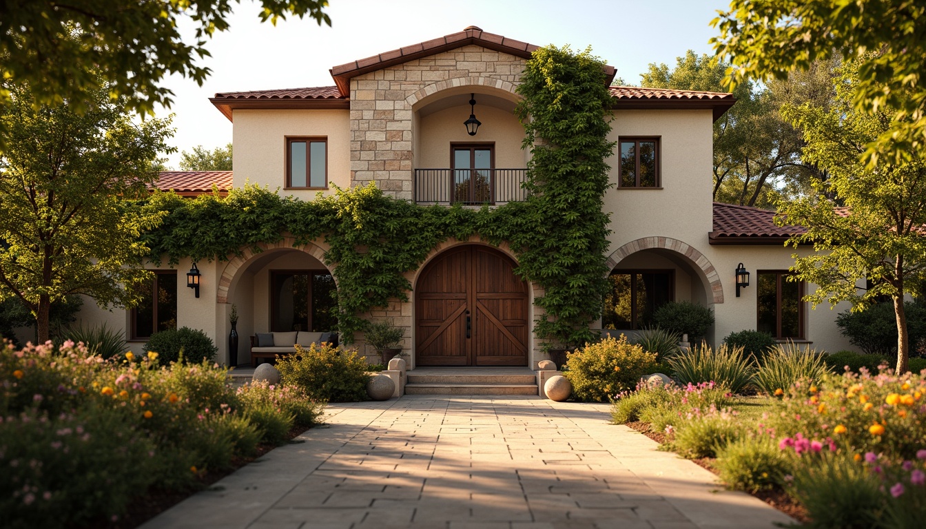 Prompt: Rustic winery facade, Italian Renaissance style, stone walls, terracotta roofs, ornate wooden doors, grand arched windows, vintage metal lanterns, lush green vines, blooming flowers, warm golden lighting, soft afternoon sun, shallow depth of field, 2/3 composition, realistic textures, ambient occlusion.