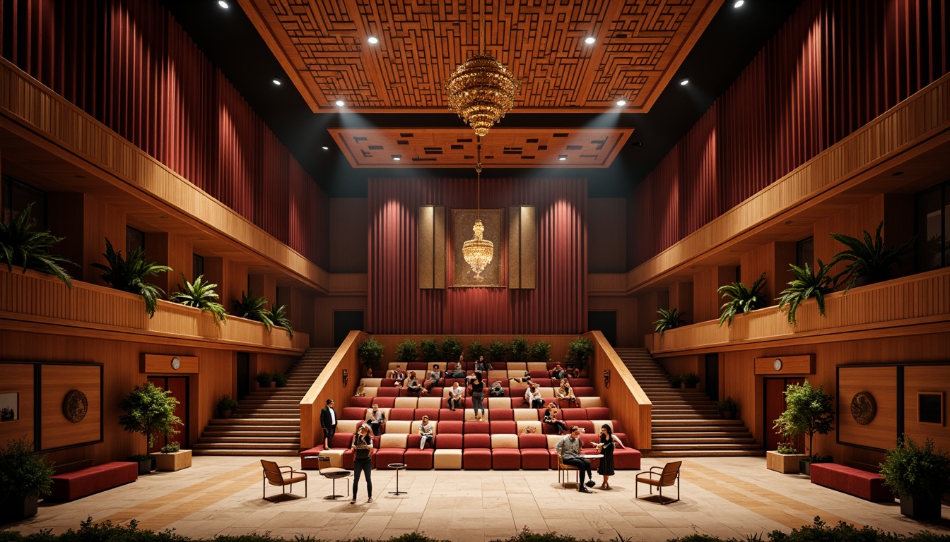 Prompt: Intimate concert hall, rich wood tones, velvety acoustic panels, ornate metalwork, luxurious fabrics, soft warm lighting, dramatic spotlights, elegant curves, sweeping staircases, grand chandeliers, refined stone flooring, sophisticated sound systems, state-of-the-art technology, 1/1 composition, shallow depth of field, realistic textures, ambient occlusion.