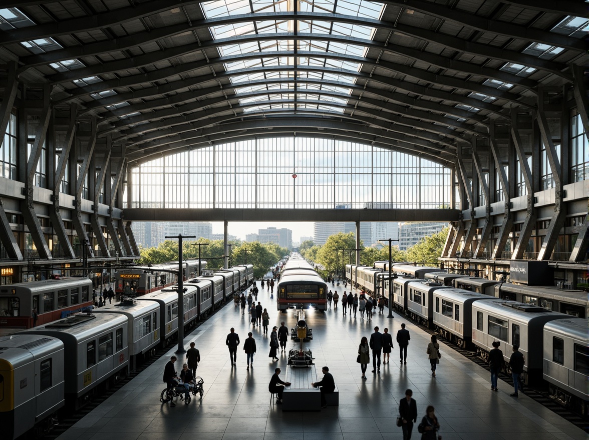 Prompt: Large train station, high ceilings, natural ventilation, clerestory windows, skylights, bright lighting, urban architecture, modern design, steel beams, concrete floors, bustling atmosphere, busy commuters, rushing trains, dynamic energy, urban landscape, cityscape views, gentle breeze, soft natural light, shallow depth of field, 3/4 composition, panoramic view, realistic textures, ambient occlusion.