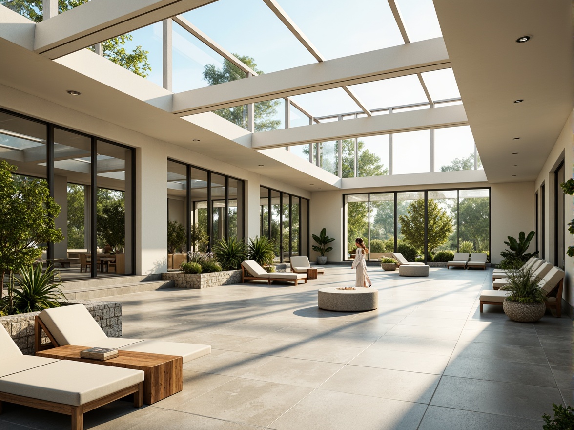 Prompt: Spacious interior, floor-to-ceiling windows, sliding glass doors, transparent roofing, clerestory windows, open floor plans, minimal obstructions, reflective surfaces, polished concrete floors, cream-colored walls, natural stone accents, lush greenery, abundant skylights, diffused soft lighting, warm afternoon sunbeams, subtle shadows, 1/1 composition, realistic renderings, ambient occlusion.