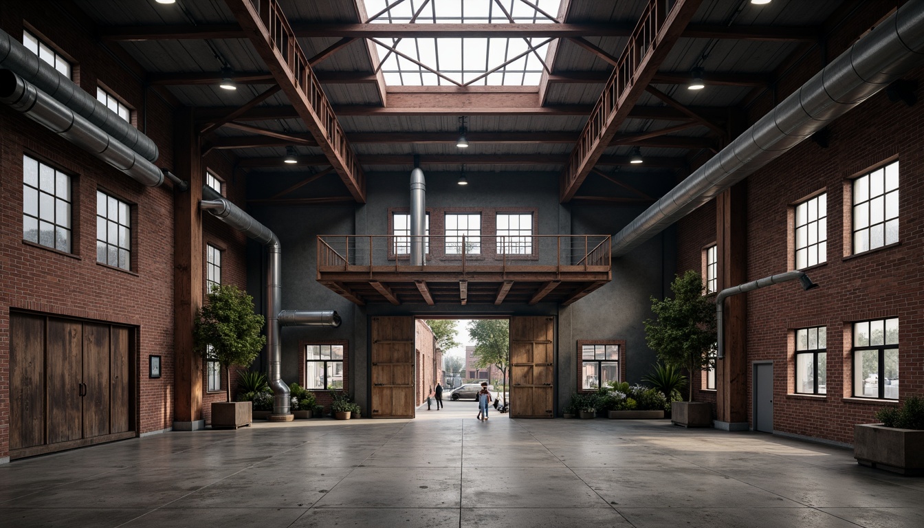 Prompt: Industrial warehouse, galvanized steel beams, fire brick exterior walls, rustic metal doors, vintage factory windows, dimly lit interior, concrete floors, exposed ductwork, urban cityscape, cloudy day, softbox lighting, 1/2 composition, atmospheric perspective, realistic textures, subtle ambient occlusion.