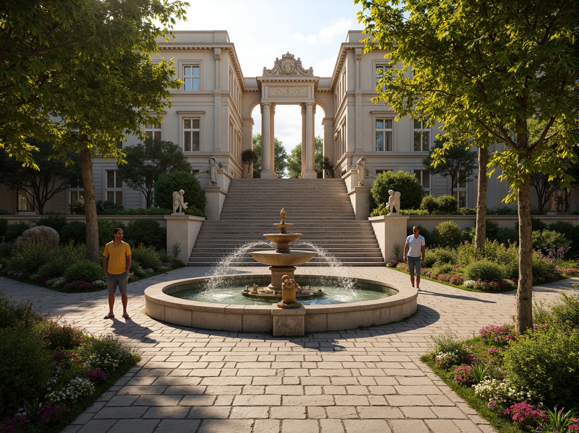 Prompt: Ornate fountain, grand staircase, symmetrical gardens, lush greenery, vibrant flowers, ornamental statues, walking paths, natural stone pavement, Italian-inspired architecture, intricate carvings, golden decorations, soft warm lighting, dramatic shadows, 3/4 composition, panoramic view, realistic textures, ambient occlusion.