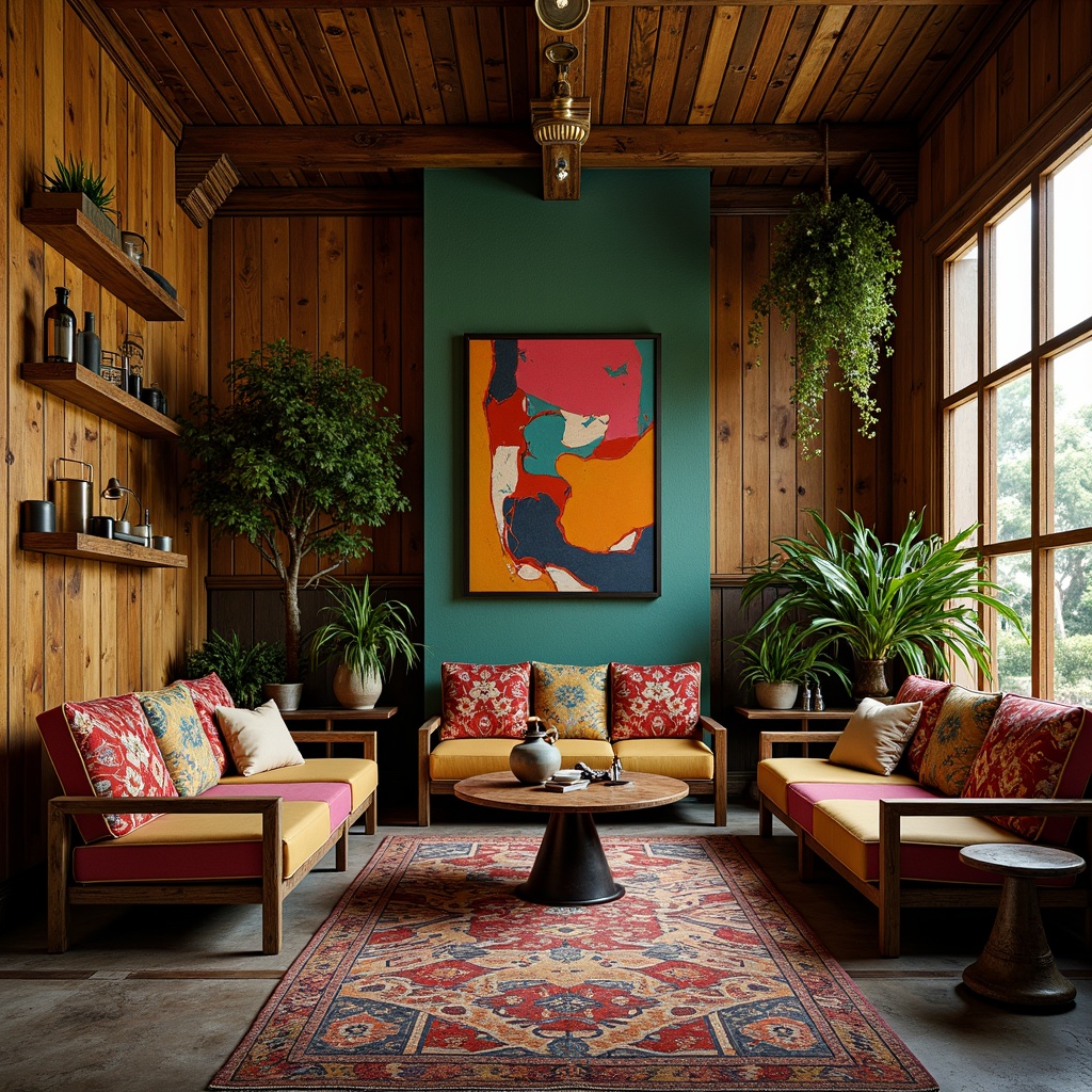 Prompt: Vibrant eclectic interior, mix-and-match furniture, bold patterned rugs, distressed wood accents, antique decorative items, rich jewel-toned walls, warm golden lighting, ornate metal fixtures, lush greenery, natural stone floors, bohemian-inspired textiles, global cultural influences, abstract artwork, unconventional decor, playful color blocking, high-contrast visual interest, dynamic layered textures, soft focus photography, 1/1 composition, intimate atmosphere, moody shadows.