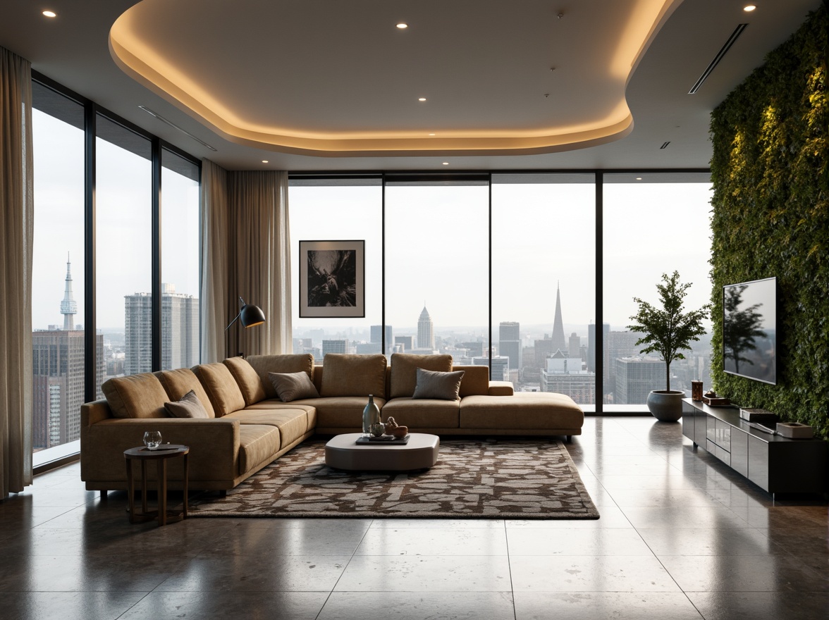 Prompt: Streamlined modern living room, minimalist decor, curved lines, monochromatic color scheme, sleek low-profile furniture, polished marble floors, floor-to-ceiling windows, natural light pouring in, subtle LED ambient lighting, geometric patterned rugs, abstract artwork, luxurious velvet sofas, metallic accents, greenery wall, urban cityscape views, 1/1 composition, shallow depth of field, soft warm lighting, realistic textures.