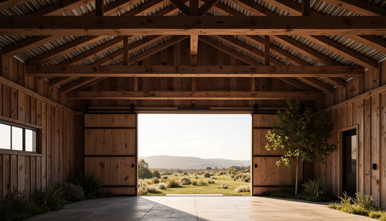 Prompt: Rustic barn, wooden beams, exposed trusses, metal accents, industrial chic, reclaimed wood, weathered steel, corrugated roofs, sliding barn doors, rural landscape, rolling hills, vast open fields, warm golden light, soft focus, shallow depth of field, 1/1 composition, symmetrical framing, earthy tones, natural textures, ambient occlusion.