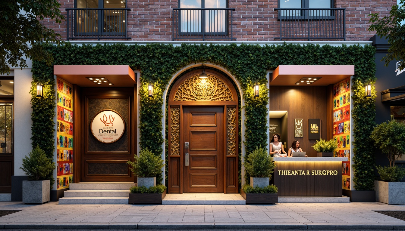 Prompt: Vibrant dental clinic facade, eclectic mix of materials, ornate wooden doors, intricate metalwork, colorful mosaic tiles, decorative brick patterns, grand entrance archways, lush greenery walls, modern glass awnings, stylish signage, bold typography, contrasting textures, dynamic lighting effects, warm inviting atmosphere, shallow depth of field, 1/2 composition, realistic renderings, ambient occlusion.