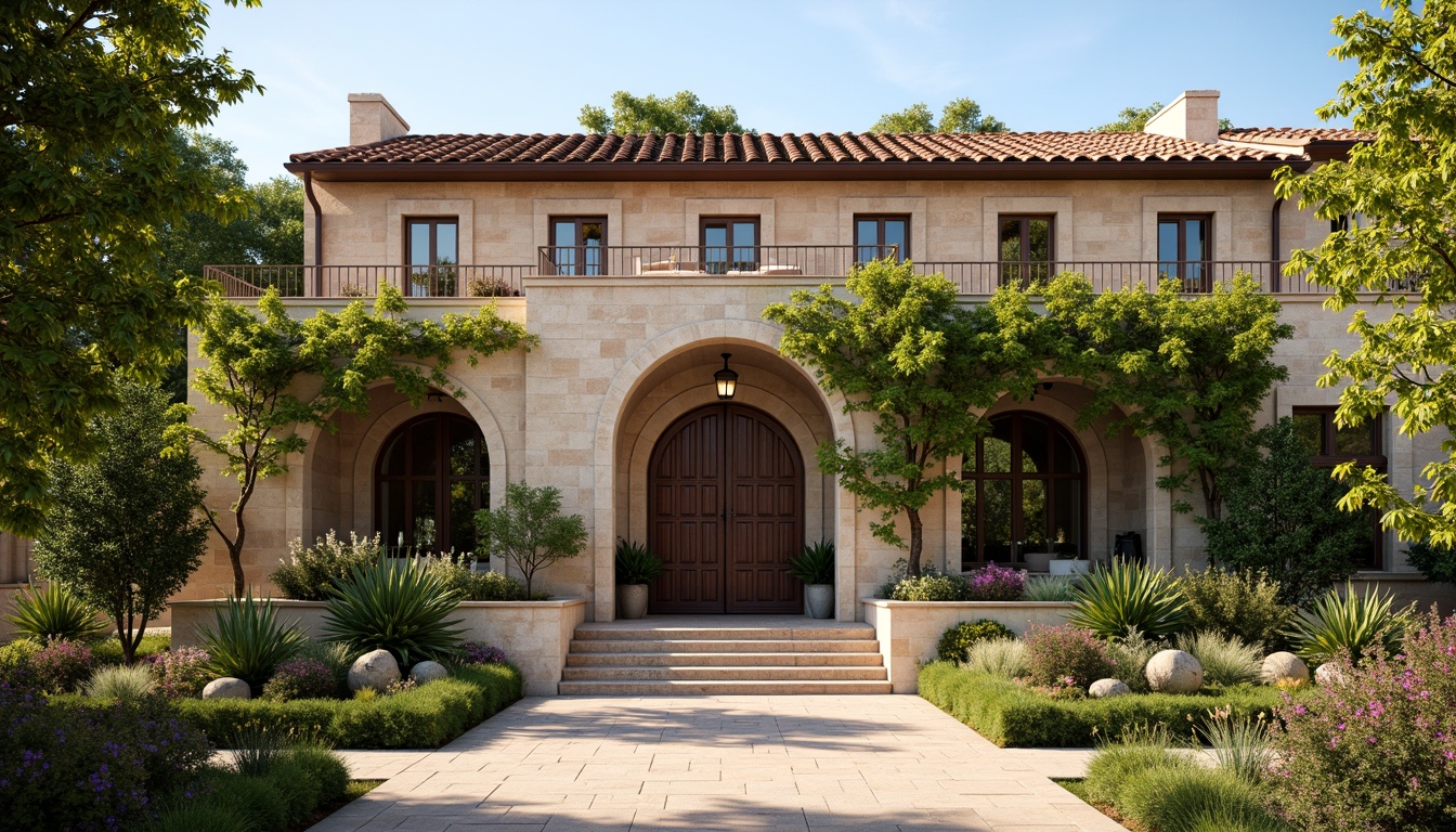 Prompt: Renaissance-style winery facade, rustic stone walls, curved archways, ornate wooden doors, terracotta roof tiles, lush greenery, vine-covered trellises, classic columns, grand entrance, elegant stonework, warm earthy tones, soft natural lighting, 1/1 composition, symmetrical architecture, realistic textures, ambient occlusion, serene countryside setting, rolling hills, sunny afternoon, gentle breeze.