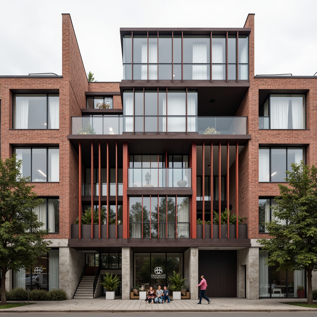 Prompt: Rustic university facade, constructivist architecture, asymmetrical composition, geometric shapes, industrial materials, exposed brickwork, metal frames, functional simplicity, educational signage, concrete pillars, angular lines, abstract patterns, natural stone accents, vibrant color blocking, overcast skies, soft diffused lighting, shallow depth of field, 2/3 composition, realistic textures, ambient occlusion.