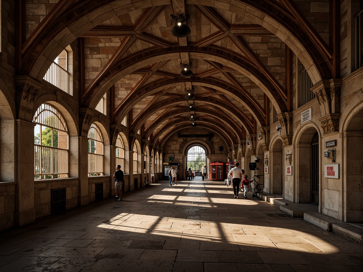 Prompt: Historic metro station, rustic stonework, arched ceilings, grandiose vaults, ornate columns, decorative capitals, rough-hewn stone walls, earthy tones, warm ambient lighting, dramatic shadows, medieval-inspired architecture, robust brickwork, imposing archways, intricate carvings, textured stone flooring, vintage signage, classic ticket booths, nostalgic atmosphere, 1/2 composition, low-angle shot, cinematic lighting.