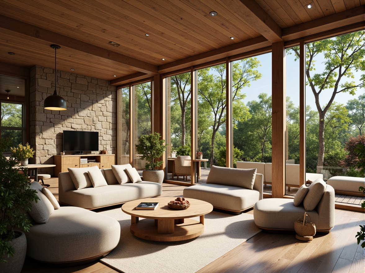 Prompt: Vibrant living room, floor-to-ceiling windows, sliding glass doors, natural stone walls, wooden accents, earthy color palette, plush greenery, pendant lamps, cozy reading nooks, warm beige tones, soft diffused light, 1/2 composition, shallow depth of field, realistic textures, ambient occlusion, serene atmosphere.