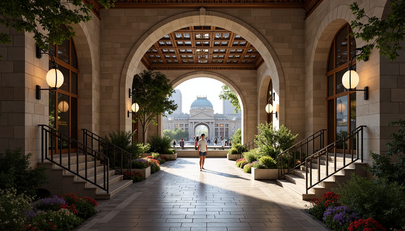 Prompt: Grandiose metro station entrance, Romanesque arches, ornate stone carvings, lush greenery, vibrant flowers, natural stone flooring, grand staircases, elegant lanterns, warm ambient lighting, shallow depth of field, 3/4 composition, realistic textures, ambient occlusion, urban cityscape, bustling pedestrian traffic, modern transportation hub, intricate mosaics, classical columns, ornate metal railings, sophisticated water features, tranquil fountains.