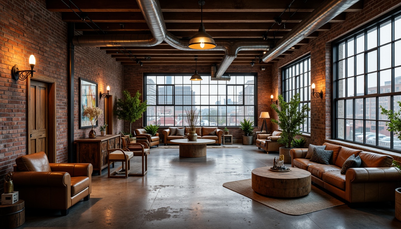 Prompt: Rustic industrial warehouse, exposed brick walls, reclaimed wood accents, metallic beams, polished concrete floors, distressed leather furniture, urban cityscape, overcast skies, dramatic shadows, warm golden lighting, shallow depth of field, 1/2 composition, realistic textures, ambient occlusion.