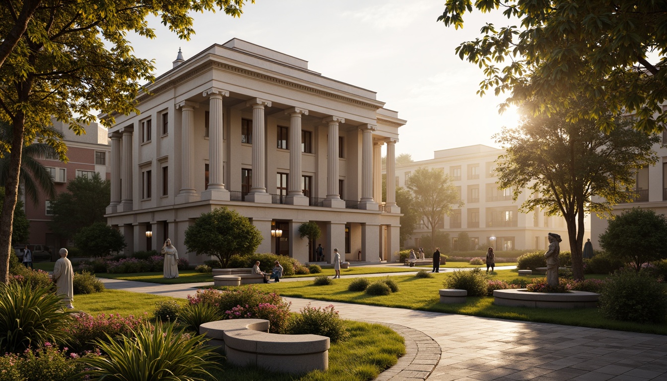 Prompt: Elegant library building, grand columns, ornate facades, symmetrical architecture, manicured lawns, trimmed hedges, vibrant flowerbeds, meandering pathways, rustic stone benches, classical statues, lantern-style streetlights, warm golden lighting, soft misty atmosphere, 1/2 composition, shallow depth of field, realistic textures, ambient occlusion.