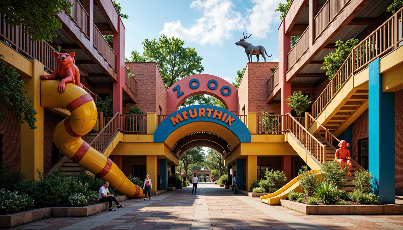 Prompt: Vibrant zoo entrance, bold constructivist architecture, geometric animal sculptures, rusty metal accents, exposed brick walls, industrial pipes, distressed wood textures, playful monkey bars, colorful mosaic tiles, whimsical playground equipment, winding staircases, cantilevered walkways, dynamic lighting fixtures, afternoon sunlight, shallow depth of field, 1/2 composition, symmetrical framing, high-contrast colors, realistic animal models.