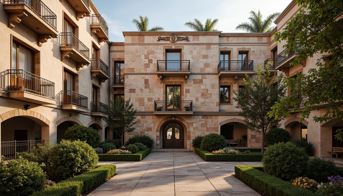 Prompt: Historic monument facades, social housing complexes, ornate architectural details, rustic stone walls, vibrant colorful tiles, intricate balconies, decorative ironwork, grand entrance arches, communal courtyard spaces, lush greenery, urban cityscape views, warm golden lighting, shallow depth of field, 1/1 composition, symmetrical framing, realistic textures, ambient occlusion.