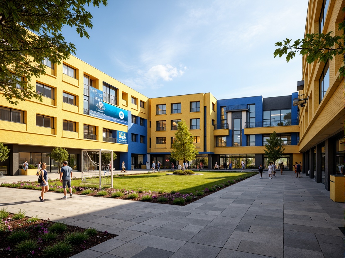 Prompt: Vibrant yellow and blue accents, geometric shapes, bold lines, dynamic curves, modern constructivist architecture, rectangular brick buildings, large windows, metal door handles, educational signage, courtyard playground, basketball hoops, soccer fields, shaded walkways, natural stone pavement, blooming trees, sunny day, soft warm lighting, shallow depth of field, 3/4 composition, panoramic view, realistic textures, ambient occlusion.