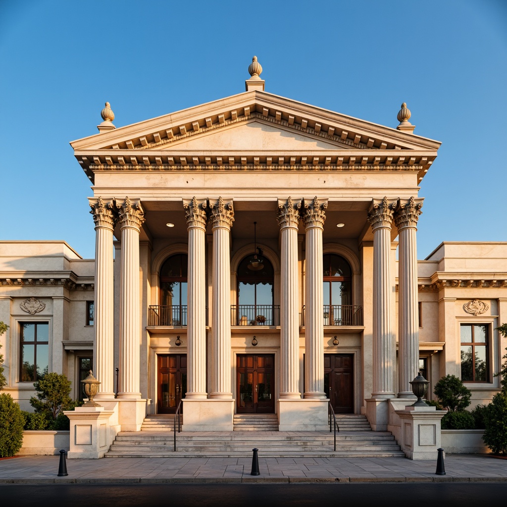 Prompt: Grandiose neoclassical building, majestic columns, ornate capitals, fluted shafts, pedestal bases, symmetrical fa\u00e7ade, balanced composition, classical orders, ionic volutes, acanthus leaves, carved entablatures, rusticated quoins, imposing entranceways, arched windows, pilasters, marble cladding, bronze door handles, lantern-like finials, cloudless blue sky, warm golden lighting, shallow depth of field, 2/3 composition, harmonious proportions, realistic textures, ambient occlusion.