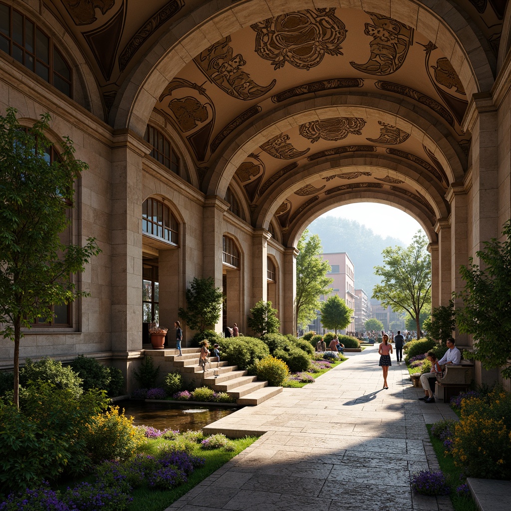 Prompt: Rustic metro station, Romanesque arches, ornate stone carvings, grand entranceways, lush greenery, vibrant flowers, water features, small ponds, walking paths, natural stone pavements, intricate mosaics, warm lighting, soft shadows, 1/1 composition, atmospheric perspective, realistic textures, ambient occlusion.