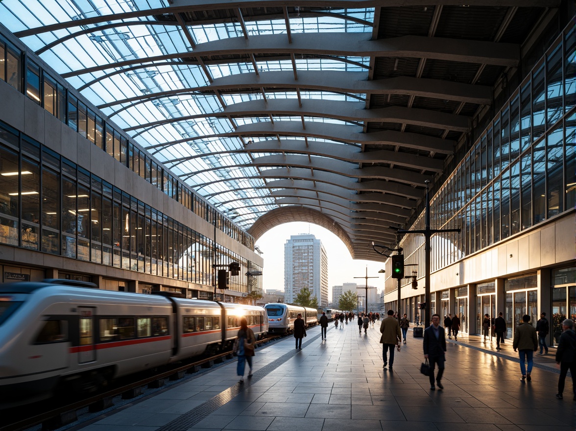 Prompt: Futuristic train station, curved glass facade, dynamic LED lighting, stainless steel columns, sleek minimalist architecture, cantilevered roofs, transparent floors, high-speed rail networks, bustling urban surroundings, morning rush hour atmosphere, warm golden lighting, shallow depth of field, 3/4 composition, panoramic view, realistic metallic textures, ambient occlusion.