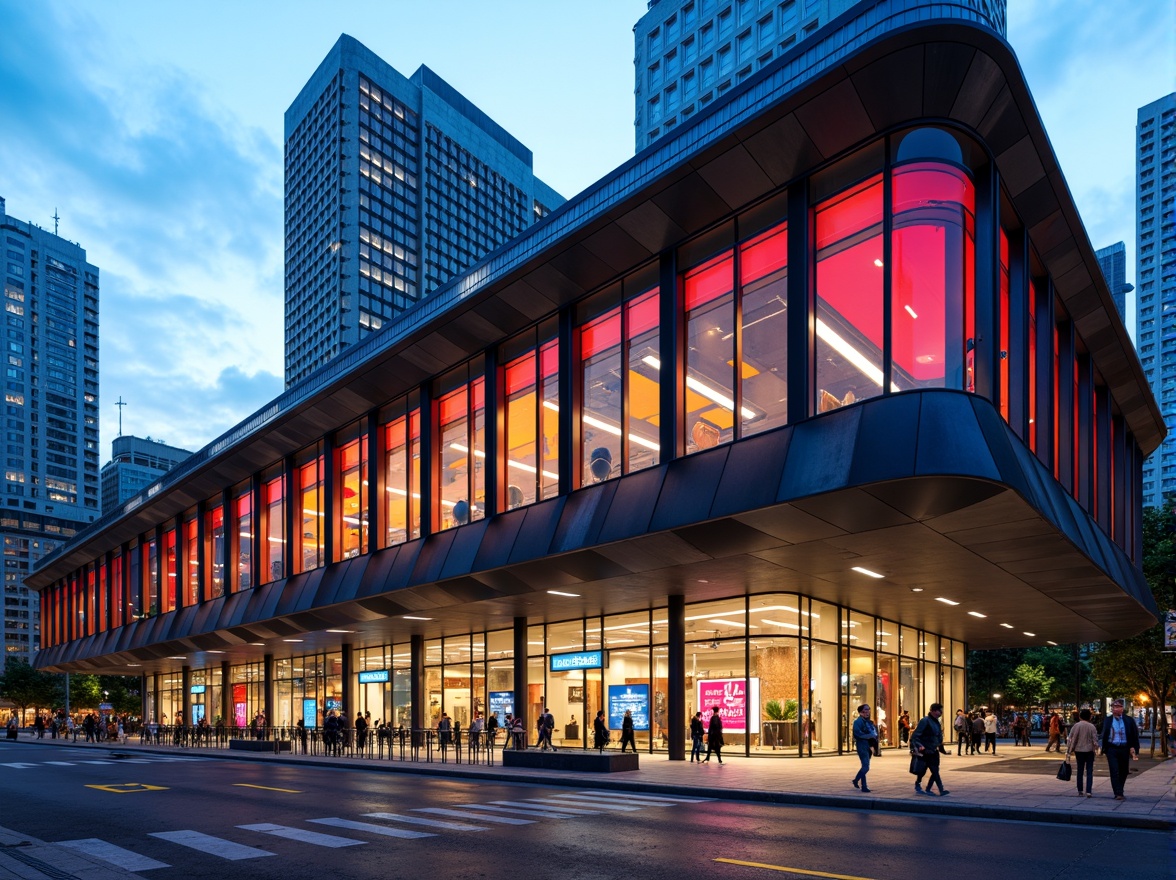 Prompt: Modern train station, futuristic facade design, dynamic LED lights, cantilevered rooflines, sleek metal cladding, angular geometric patterns, vibrant colorful accents, large glass windows, sliding doors, urban cityscape, busy streets, rush hour atmosphere, warm evening lighting, shallow depth of field, 1/2 composition, realistic textures, ambient occlusion, detailed signage systems, wayfinding graphics, passenger information displays.