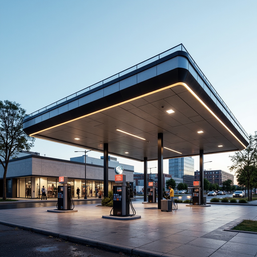 Prompt: Functional gas station, minimalist architecture, clean lines, rectangular forms, flat roofs, industrial materials, steel beams, concrete floors, large windows, transparent canopies, bold typography, neon signage, urban landscape, morning sunlight, shallow depth of field, 1/1 composition, symmetrical framing, high contrast colors, geometric patterns, metallic textures, modernist aesthetic.