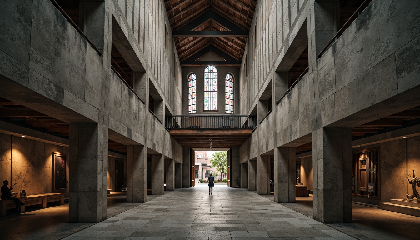 Prompt: Rugged church exterior, brutalist architecture, raw concrete textures, industrial-style steel beams, minimalist ornamentation, dramatic natural light, stained glass windows, muted color palette, earthy tones, weathered stone walls, bold geometric shapes, abstract sculptures, solemn atmosphere, introspective mood, warm ambient lighting, soft shadows, high contrast ratio, 1/1 composition, symmetrical framing, cinematic tone.