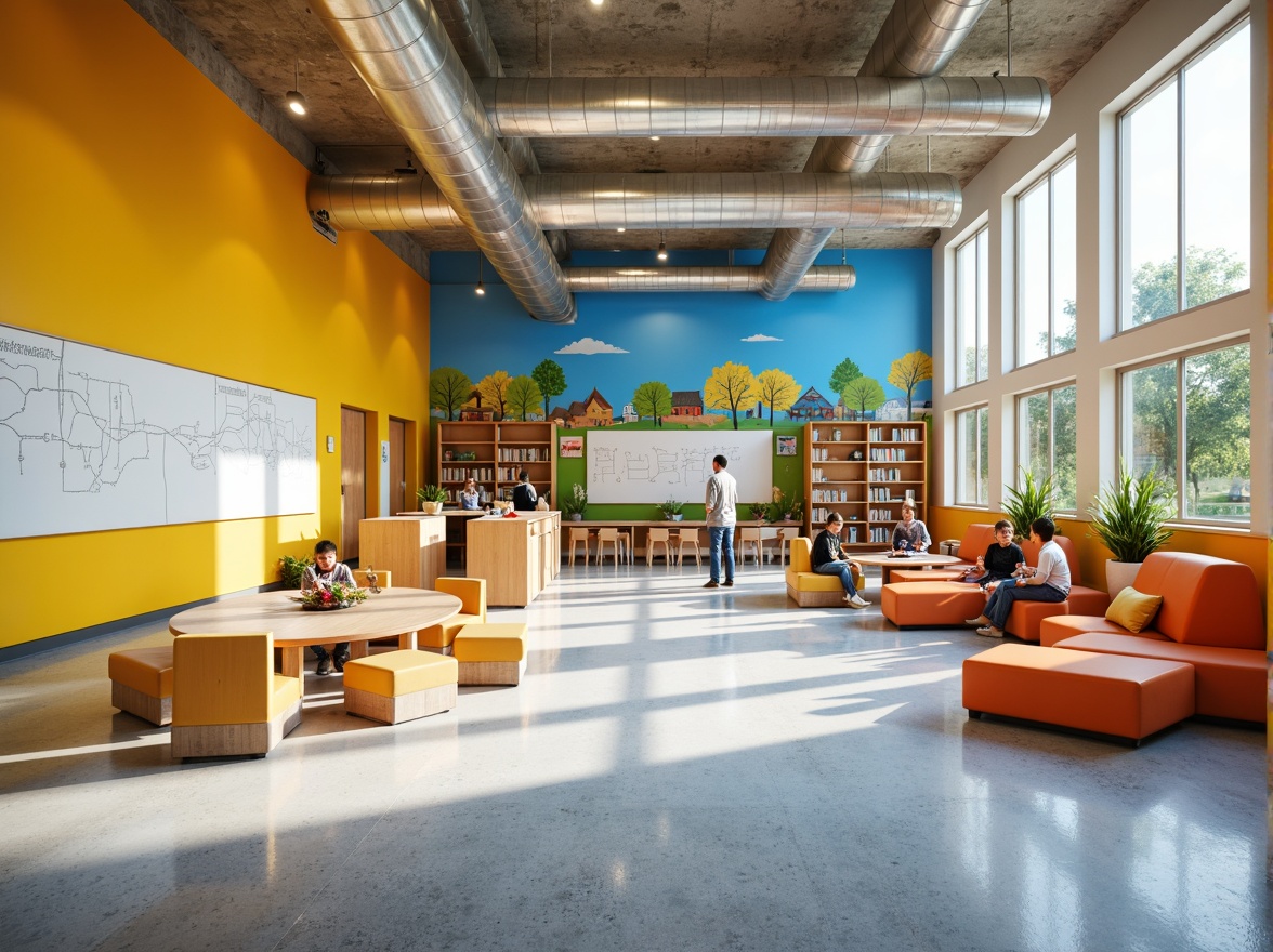 Prompt: Vibrant elementary school, playful color scheme, warm yellow walls, calming blue accents, stimulating orange furniture, educational murals, interactive whiteboards, natural wood tones, exposed ductwork, modern minimalist design, abundant natural light, clerestory windows, softbox lighting, 3/4 composition, shallow depth of field, panoramic view, realistic textures, ambient occlusion.