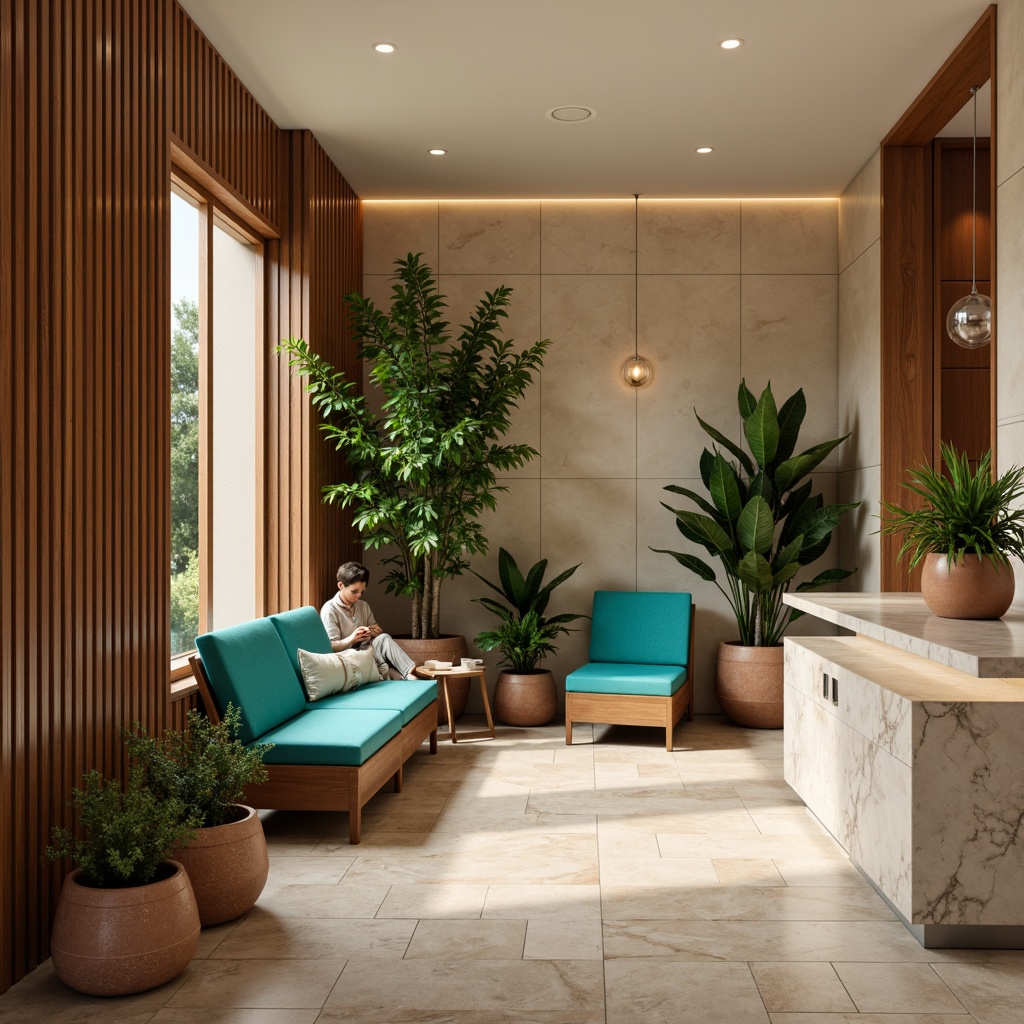 Prompt: Vibrant modern interior, neutral beige walls, rich wood accents, bold turquoise furniture, metallic silver lighting, creamy white marble countertops, lush green plants, natural stone flooring, earthy terracotta pottery, soft warm glow, shallow depth of field, 3/4 composition, realistic textures, ambient occlusion.