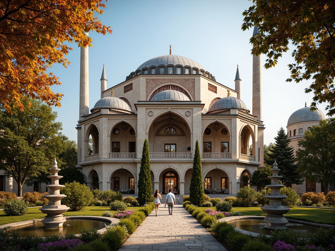 Prompt: Majestic Byzantine architecture, ornate stone carvings, grand domes, intricate mosaics, lush greenery, vibrant flowers, ancient trees, meandering pathways, rustic stone walkways, serene water features, ornamental fountains, tranquil ambiance, warm golden lighting, shallow depth of field, 1/1 composition, symmetrical framing, realistic textures, ambient occlusion.