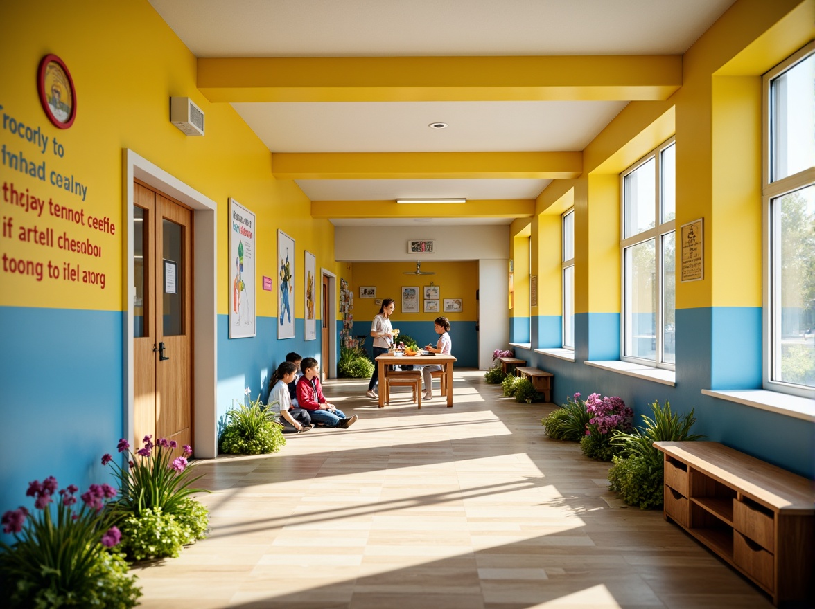 Prompt: Vibrant elementary school, playful color scheme, bright yellow walls, sky blue accents, creamy white trim, energetic corridors, inspirational quotes, motivational murals, engaging classroom environments, collaborative learning spaces, natural wood tones, earthy brown furniture, soft greenery, blooming flowers, sunny day, warm lighting, shallow depth of field, 1/1 composition, realistic textures, ambient occlusion.