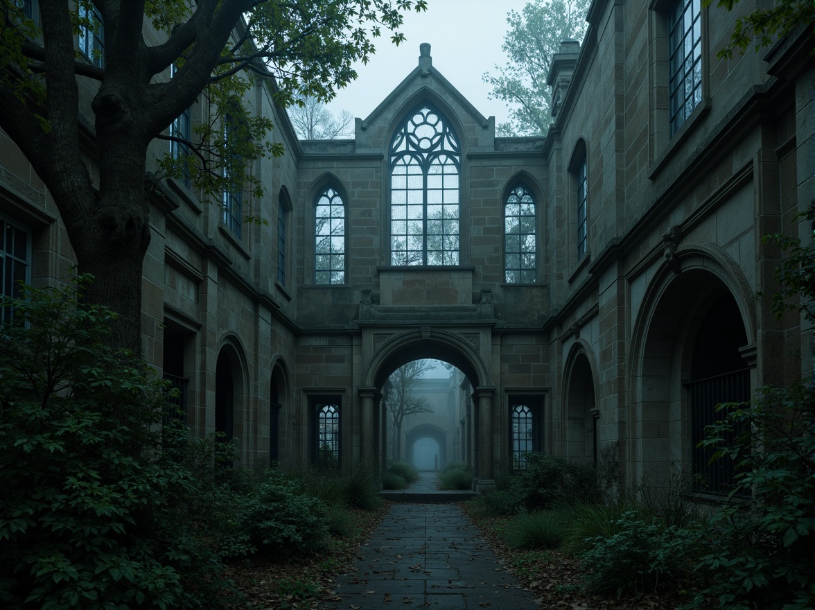 Prompt: Mysterious dark forest, twisted ancient trees, overgrown ruins, crumbling stone walls, majestic gothic spires, stained glass windows, intricate carvings, ornate metalwork, mystical foggy atmosphere, soft eerie lighting, shallow depth of field, 1/2 composition, symmetrical framing, atmospheric perspective, detailed textures, cinematic mood.