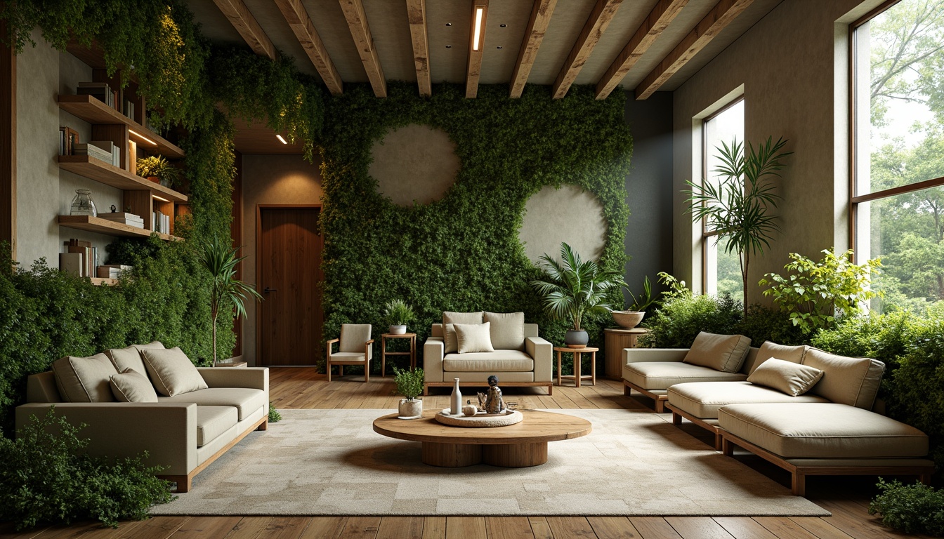 Prompt: Moss green accents, natural stone walls, earthy tones, lush foliage, organic shapes, botanical patterns, warm beige furniture, reclaimed wood textures, soft diffused lighting, 1/1 composition, intimate atmosphere, cozy reading nooks, verdant plants, misty mornings, serene ambiance, realistic moss growth, subtle gradient effects, atmospheric perspective.