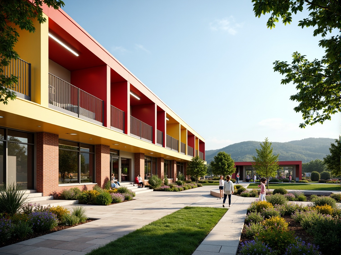 Prompt: Vibrant high school building, constructivist architecture, modern angular lines, bold color blocks, open courtyard, lush greenery, blooming flowers, educational signs, natural stone walkways, brick fa\u00e7ade, large windows, glass doors, sunny day, soft warm lighting, shallow depth of field, 3/4 composition, panoramic view, realistic textures, ambient occlusion, rolling hills, serene landscape, distant trees, meandering pathways, outdoor classrooms, interactive learning spaces, collaborative seating areas, flexible modular furniture.