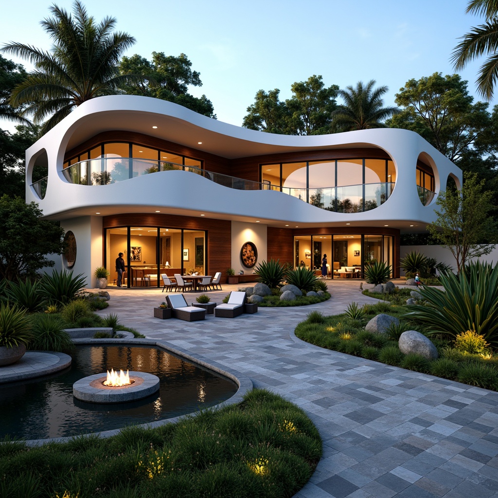 Prompt: Luxurious villa, postmodernist architecture, curvaceous lines, irregular shapes, vibrant color schemes, eclectic mix of materials, natural stone walls, wooden accents, steel frames, oversized windows, sliding glass doors, lush green roofs, tropical plants, meandering pathways, serene water features, koi ponds, outdoor fireplaces, cozy seating areas, warm ambiance, soft evening lighting, shallow depth of field, 2/3 composition, realistic textures, ambient occlusion.