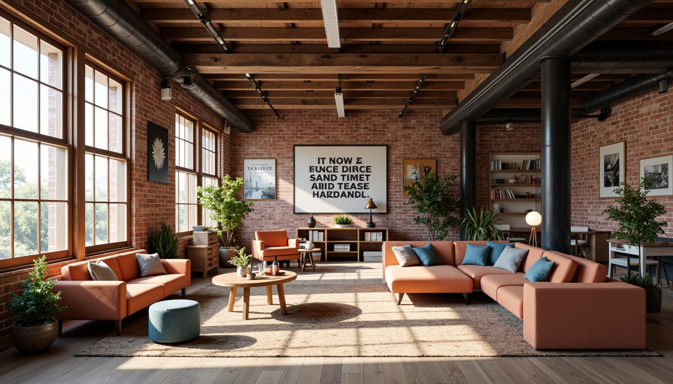 Prompt: Industrial chic loft, exposed brick walls, wooden beams, metal columns, reclaimed wood flooring, minimalist decor, modern sleek lines, floor-to-ceiling windows, abundant natural light, cozy reading nooks, comfortable plush furniture, vibrant colorful accents, eclectic art pieces, open shelving units, functional modular furniture, collaborative workspaces, inspirational quotes, educational posters, soft warm lighting, shallow depth of field, 3/4 composition, realistic textures, ambient occlusion.