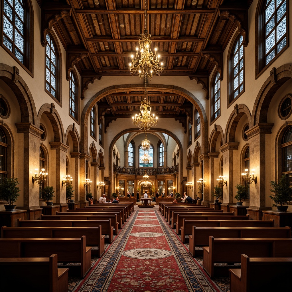 Prompt: Grandiose auditorium, Romanesque arches, ornate carvings, rustic stone walls, vaulted ceilings, stained glass windows, richly patterned rugs, grand chandeliers, wooden pews, intricate mosaics, warm golden lighting, dramatic shadows, 1/1 composition, symmetrical framing, high contrast ratio, realistic textures, ambient occlusion.