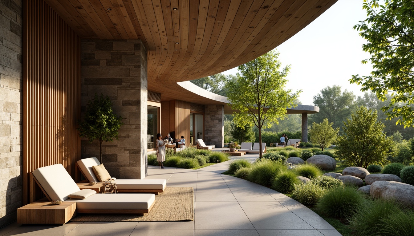 Prompt: Earthy tones, natural stone walls, reclaimed wood accents, bamboo flooring, living green roofs, organic curves, sustainable materials, eco-friendly design, earthy scent, serene ambiance, soft warm lighting, shallow depth of field, 3/4 composition, panoramic view, realistic textures, ambient occlusion.