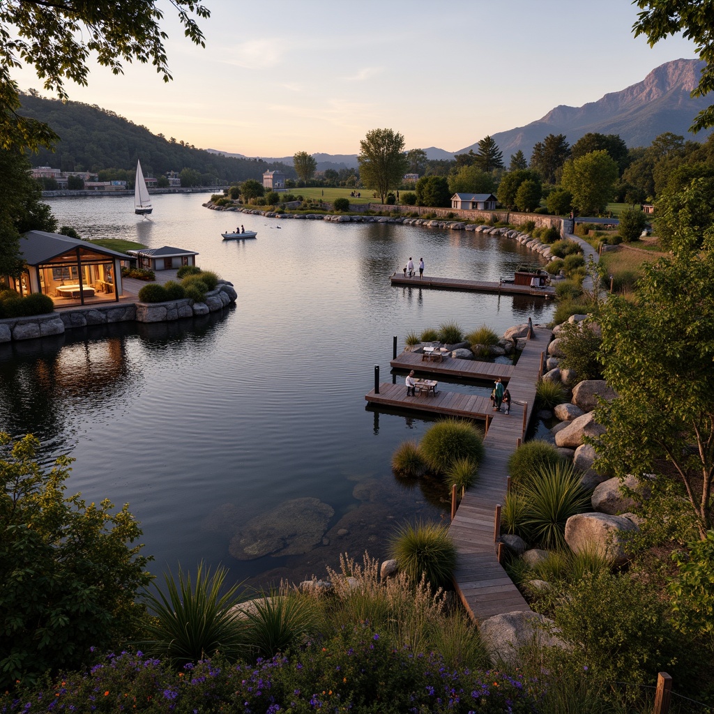 Prompt: Serene lakefront, lush vineyards, rustic wooden docks, sailboats, water features, natural stone walls, meandering pathways, ornamental grasses, seasonal flowers, trellised arbors, wine barrel planters, outdoor seating areas, lakeside gazebo, warm string lighting, soft sunset hues, shallow depth of field, 1/2 composition, panoramic view, realistic water reflections, ambient occlusion.