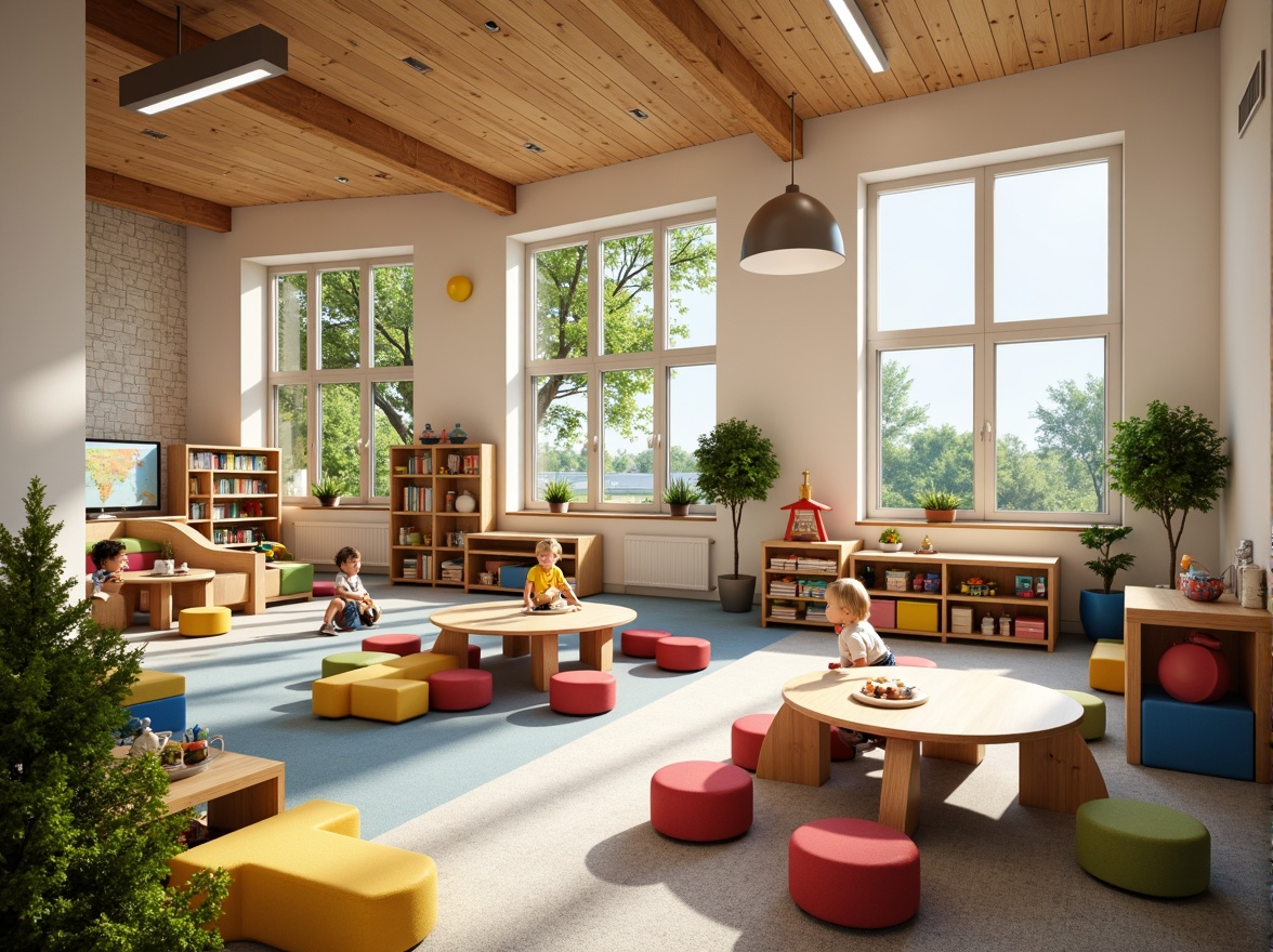 Prompt: Vibrant kindergarten, playful learning zones, interactive whiteboards, colorful educational toys, soft carpeted floors, cozy reading nooks, circular tables, ergonomic chairs, natural wood accents, large windows, abundant sunlight, warm gentle lighting, shallow depth of field, 1/1 composition, immersive experience, realistic textures, ambient occlusion.