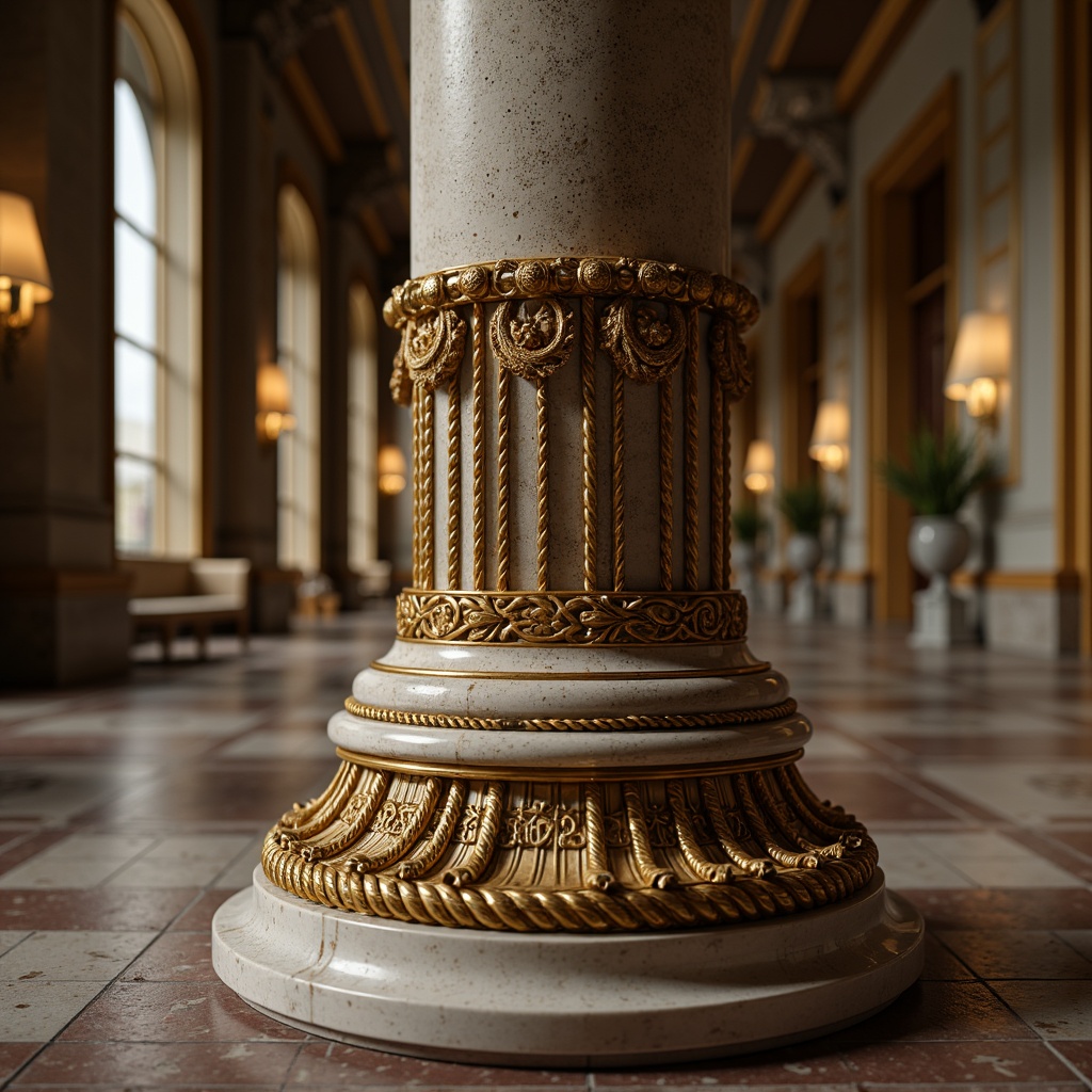 Prompt: Ornate column, twisted rope-like detailing, golden accents, marble base, fluted shaft, ornamental capital, acanthus leaf motifs, lavish decorations, symmetrical arrangement, grandiose architecture, opulent interior design, rich textures, warm ambient lighting, shallow depth of field, 1/1 composition, dramatic perspective view, realistic stone materials, intricate carvings.