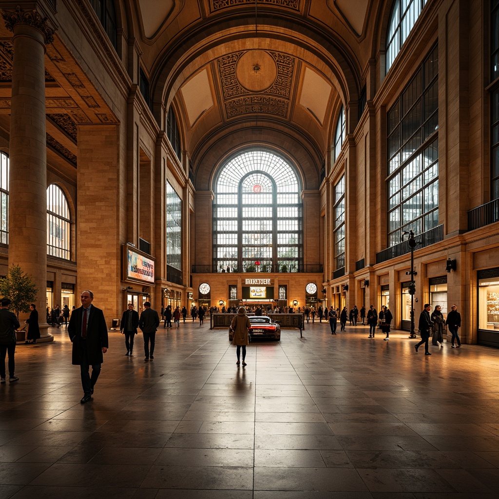 Prompt: Grand metro station, Romanesque archways, ornate columns, vaulted ceilings, intricate stone carvings, warm golden lighting, bustling city atmosphere, urban scenery, busy pedestrian traffic, modern transportation hubs, sleek metal railings, large glass roofs, natural stone floors, vintage-inspired signage, classic clock towers, symmetrical compositions, shallow depth of field, 1/1 aspect ratio, realistic textures, ambient occlusion.