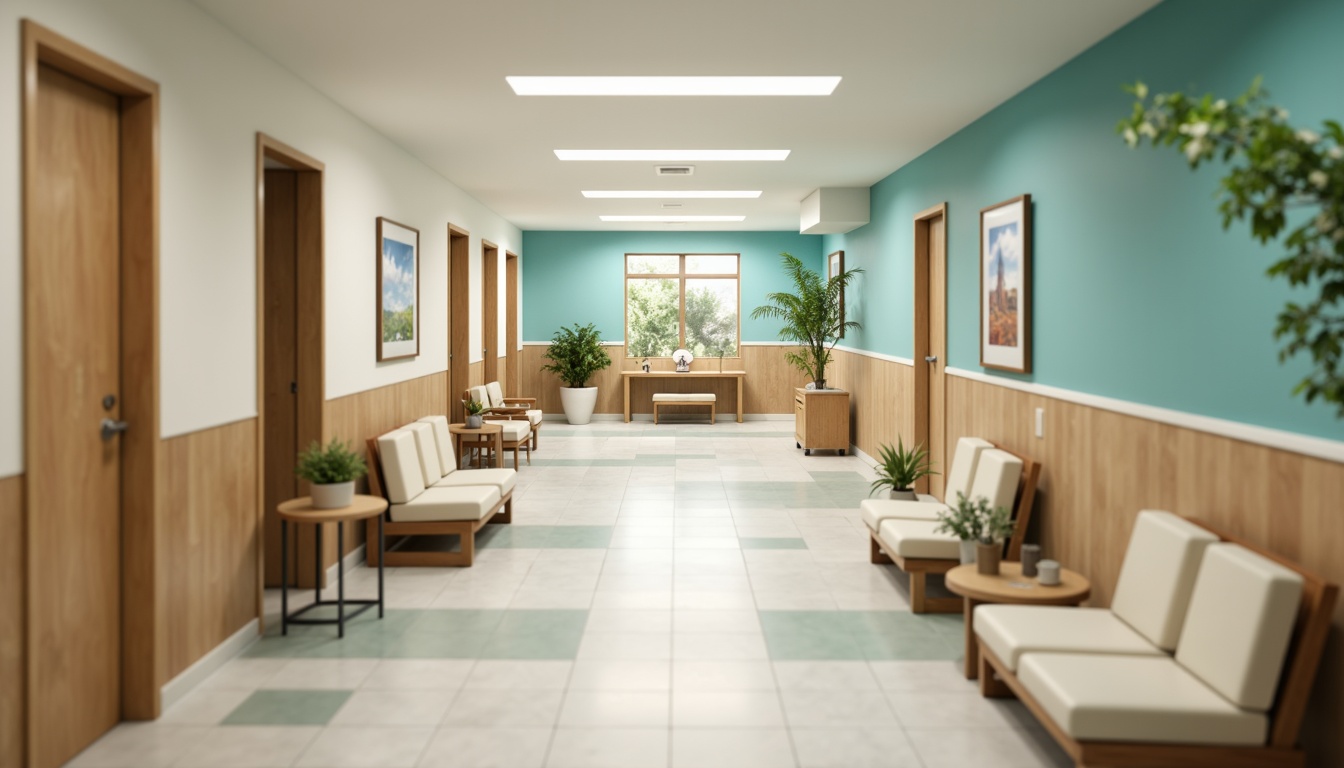 Prompt: Soothing hospital corridors, calming blue-green hues, natural wood accents, soft pastel shades, gentle earth tones, serene waiting areas, peaceful patient rooms, warm beige walls, comforting cream-colored furniture, calming nature-inspired artwork, subtle texture contrasts, gentle ambient lighting, shallow depth of field, 1/1 composition, realistic renderings, ambient occlusion.