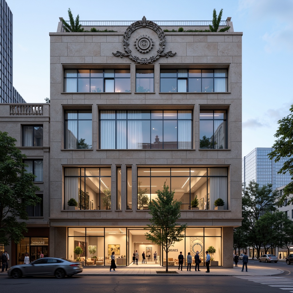 Prompt: Elegant building facade, ornate details, symmetrical composition, neutral color palette, natural stone cladding, large windows, minimalist frames, subtle textures, soft warm lighting, shallow depth of field, 3/4 composition, realistic reflections, ambient occlusion, urban cityscape, bustling streets, pedestrian traffic, streetlights, morning sun, gentle breeze, modern architecture, sustainable materials, energy-efficient systems.