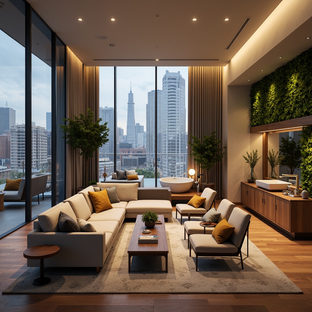 Prompt: Cozy living room, comfortable sofas, warm lighting, wooden flooring, minimalist decor, floor-to-ceiling windows, cityscape views, greenery walls, natural ventilation, open-plan kitchen, quartz countertops, high-gloss cabinets, modern appliances, spacious bedrooms, plush carpets, soft pastel colors, walk-in closets, large mirrors, spa-inspired bathrooms, freestanding tubs, rainfall showerheads, LED lighting, 3D textured walls, subtle color gradients, shallow depth of field, 2/3 composition, warm atmospheric rendering.