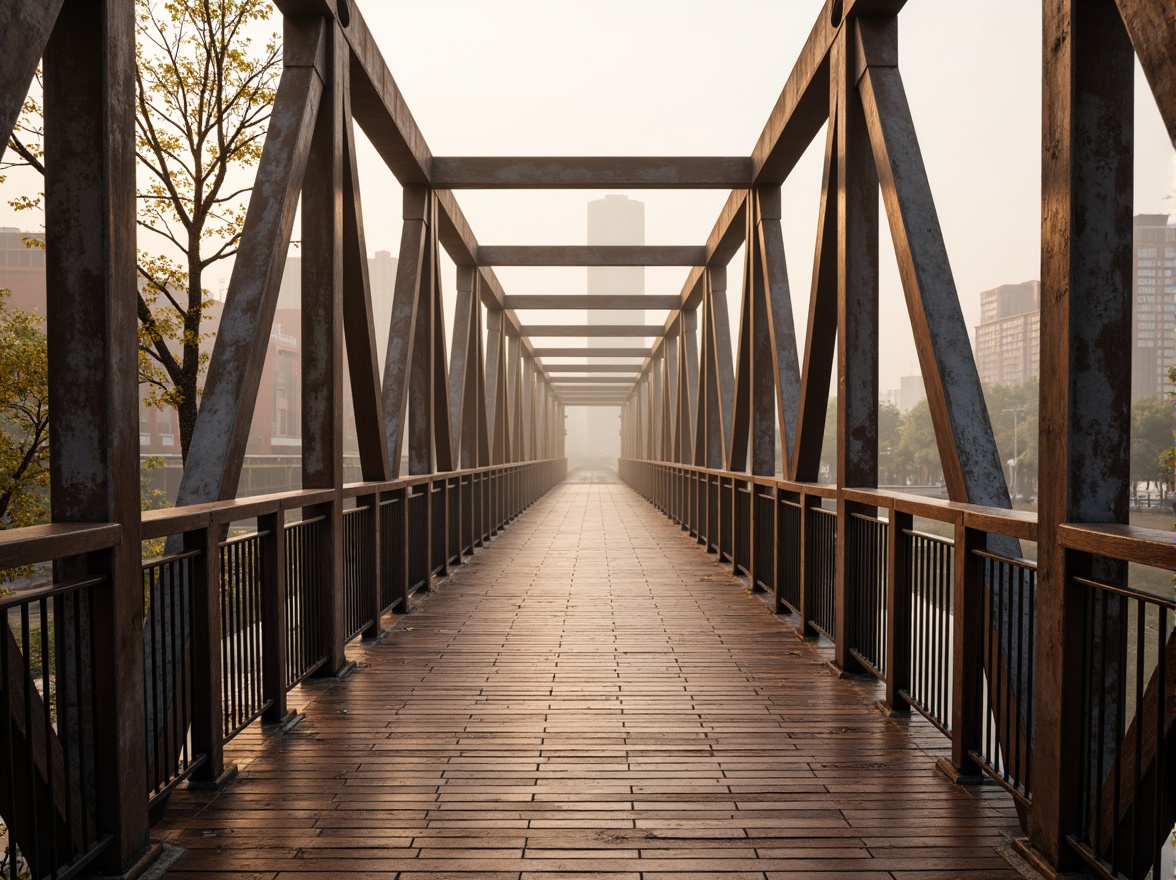 Prompt: Rustic steel bridges, industrial urban landscape, warm beige tones, earthy brown colors, cool gray accents, vibrant blue highlights, modern minimalist design, sleek metal railings, weathered wooden planks, misty morning fog, soft warm lighting, shallow depth of field, 1/1 composition, realistic textures, ambient occlusion.