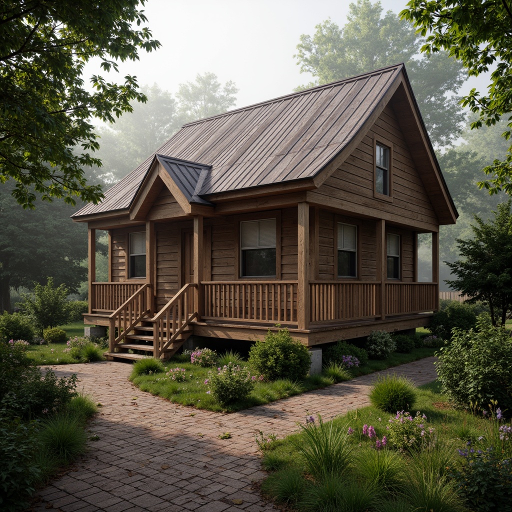 Prompt: Rustic wooden cabin, earthy brown tones, natural stone foundation, weathered metal roofing, distressed wood accents, vintage windows, worn brick pathways, lush greenery surroundings, misty morning atmosphere, soft warm lighting, shallow depth of field, 1/1 composition, realistic textures, ambient occlusion.